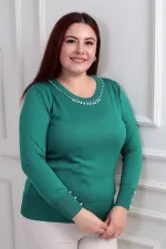 Kadın Kol Ve Yaka İnci Detaylı Büyük Beden Soğuk İplik Triko Bluz