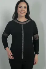 Kadın Taş Ve Tül Detaylı Likralı Çilek Büyük Beden Bluz