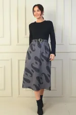 Kadın Beli Kemerli Eteği Şal Desenli Astarlı Elbise