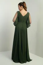 Ön Arka V Yaka Önü Drapeli Kolları Tül Astarlı Geniş Beden Aralıklı Uzun Şifon Elbise