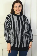 Kadın Önü Düğme Detaylı Simli Boyuna Çizgili Büyük Beden Triko Tunik Kazak