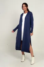Women's Long Cardigan with Button Detailed Sleeves, Pockets and Side Slits
