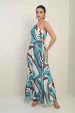 Women's One-Shoulder Side-Cut Abstract Pattern Long Crepe Satin Dress
