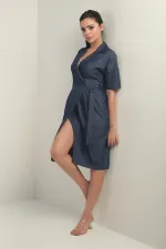 Women's Short Lycell Denim Dress with Jacket Collar, Belted Waist, and Pockets