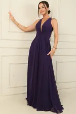 Sırt Dekolteli Önü Düğüm Detaylı Astarlı Pileli Uzun Şifon Abiye Elbise