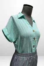 Kadın Polo Yaka Kendinden Desenli Keten Gömlek