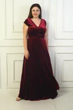 Women's Plus Size Long Velvet Dress with Front and Back V-Neck, Side Gathering, and Half-Moon Sleeves