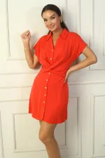 Kadın Önü Düğmeli Düğüm Detaylı Bel Lastikli Lyocell Pamuk Kısa Elbise