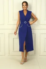 Women's Wrap Neck, Lined, Button-Front Crepe Dress with Stone Embellishments and Belt