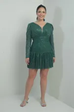 Women's Front and Back V-Neck Lined Draped Long Sleeved Plus Size Sequin Dress