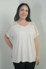 Women's Plus Size Blouse with Lace Detail on Shoulder and Pocket