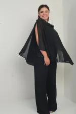 Cape en satin à col et doublure à sequins pour femme, chemisier sans manches, pantalon palazzo, ensemble 3 pièces en mousseline doublée grande taille