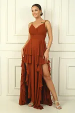 Kadın İp Askılı Yanları Yırtmaçlı Astarlı Volanlı Şifon Uzun Elbise