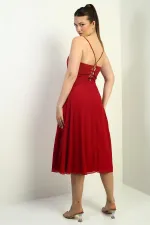 Women's Strappy Wrap Neckline Lined Lace-Up Back Flared Chiffon Dress