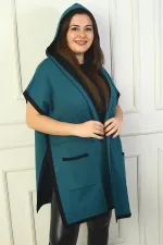 Women's Plus Size Hooded Poncho with Side Button Detail and Patterned Back