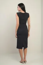 Women's Round Neck Padded Shoulder Side Gathered Lined Midi Dress
