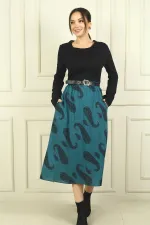 Kadın Beli Kemerli Eteği Şal Desenli Astarlı Elbise