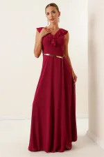Long Chiffon Dress with Ruffled Neckline and Belt, and Slit