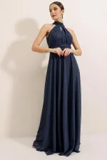 Boyundan Bağlamalı Astarlı Simli Uzun Elbise