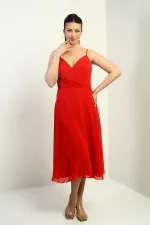 Women's Strappy Wrap Neckline Lined Lace-Up Back Flared Chiffon Dress