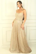 Strapless Lace-Up Back Lined Sequined Long Evening Dress