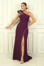 Tek Marul Omuzlu Astarlı Parlak Taş Detaylı Krep Balık Abiye Elbise