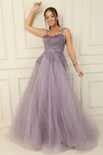 Strappy Neckline Feathered Sequin and Bead Embellished Lined Long Princess Evening Dress