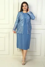 Women's Sequin and Glitter Embellished Tulle Jacket, Long-Sleeved Lined Crepe Dress, Plus Size Two-Piece Set