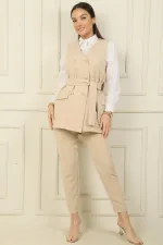 6 Düğmeli Sahte Cepli Kuşaklı Yelek Beli Lastikli Dar Paça Pantolon 2'li Takım