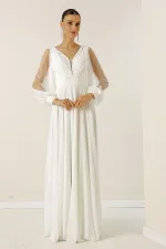 Front Back V Neck Draped Front Sleeves Tulle Lined Wide Body Long Chiffon Dress
