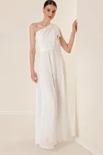 Pulpayet Yaka Tek Omuzlu Üstü Şifon Krep Tulum