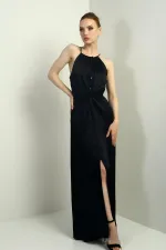 Robe longue en velours côtelé satiné à bretelles, col halter et ceinture fendue sur le devant pour femme