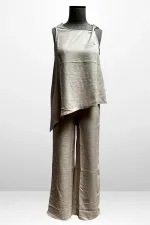 Kadın  Toka Detaylı Eteği Asimetrik Bluz Beli Lastikli Cepli Palazzo Pantolon Keten 2'li Takım