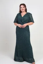 Kadın V Yaka Astarlı Önü Düğüm Detaylı Boru Boncuk İşlemeli Büyük Beden Uzun Elbise