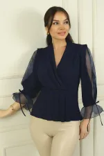 Women's Double-Breasted Half Organza Sleeve Wide-Size Spaced Glittery Blouse