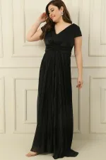 V Yaka Beli Ve Önü Drapeli Astarlı Piliseli Simli Uzun Krep Elbise