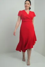 Kadın Kruvaze Yaka Önü Drapeli Astarlı Eteği Volanlı Büyük Beden Krep Elbise