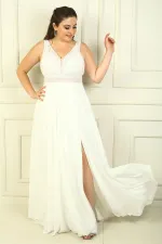 Front and Back V-Neck Top Beaded Floral Motif Lined Long Chiffon Evening Dress