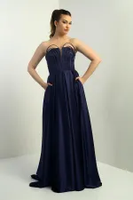 Kadın Straplez Astarlı Önü Balen Biyeli Cepli Kloş Uzun Saten Abiye Elbise