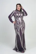 Women's High Neck Sequin Embellished Lined Plus Size Long Dress