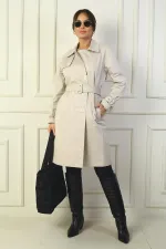 Women's Trench Coat with Belted Waist and Sleeves, Button-Front and Pockets