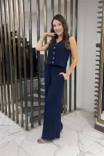 Women's V-Neck Button-Front Blouse, Elastic Waist, Pocketed Palazzo Pants Ayrobin 2-Piece Set