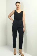 Kadın Beli Lastikli Cepli Boyuna Çizgili Dar Paça Pantolon