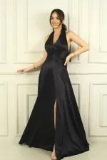 Kadın V Yaka Sırt Dekolteli Üstü Piliseli Örme Saten Uzun Elbise