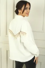 Women's Shirt with Ethnic Stripe Back, Tassels, Metal Button Front, and Single Pocket