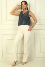 Pantalon espagnol taille haute, à poches, extensible et à jambes larges