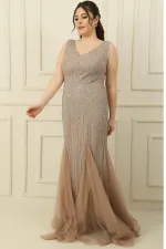 Front and Back V-Neck Stone Embellished Back Tie Lined Plus Size Long Dress