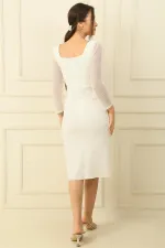 Square Neck, Lined, Slit, Long Mesh Sleeve Dress