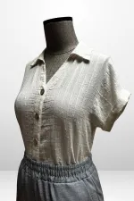 Kadın Polo Yaka Kendinden Desenli Keten Gömlek