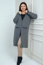 Kadın  Cepleri Şerit Detaylı Büyük Beden Uzun Triko Hırka